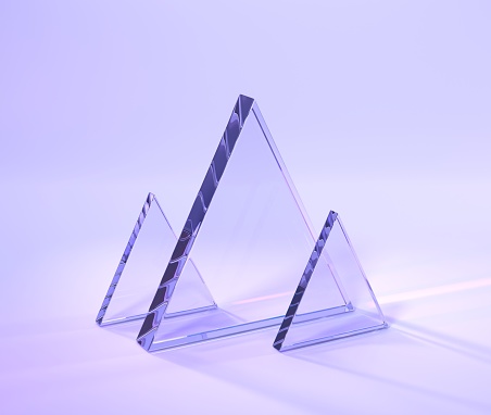 Glass plates with rainbow effect of light refraction prism or crystal 3d render. Transparent triangular acrylic panels, holographic composition on purple abstract geometric background, 3D illustration