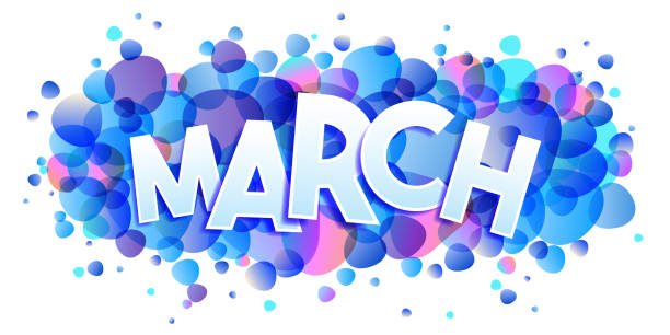 The word March on a blue abstract background Modern banner with blue bubbles. Design elements for web pages, print assets, events, advertising, branding, shares, and promotion. Vector illustration. month of march stock illustrations