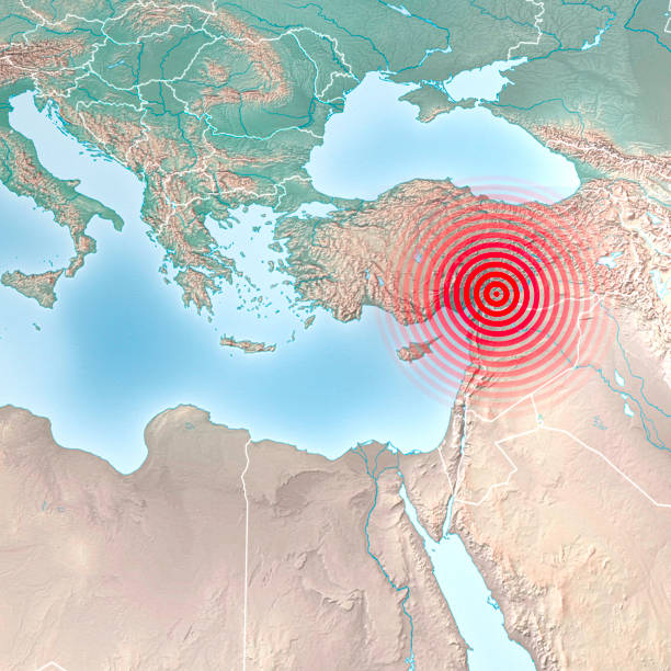 erdbebenkarte in der türkei und syrien. erdbeben der stärke 7,8 trifft die türkei, 3d-rendering - erdbeben türkei stock-fotos und bilder