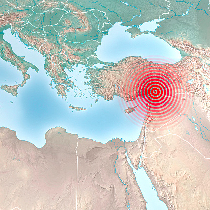 Mapa de terremotos en Turquía y Siria. Terremoto de magnitud 7.8 golpea Turquía, renderizado 3D photo