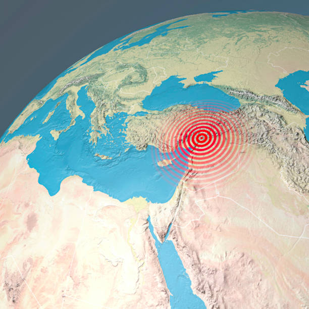 터키와 시리아의 지진 지도. 규모 7.8 지진이 터키를 강타, 3d 렌더링 - seismic waves 뉴스 사진 이미지
