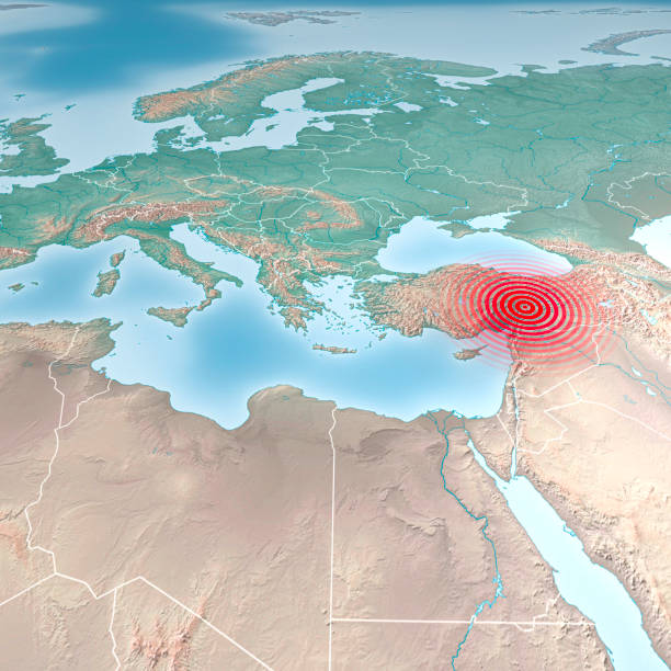 Earthquake map in Turkey and Syria. 7.8-Magnitude Earthquake Strikes Turkey, 3d rendering stock photo