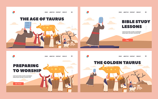 Worship to Golden Taurus Landing Page Template Set. Moses Character Hold Ten Commandments. Ancient Jews Create Idol and Worshiping to Gold Taurus. Biblical Story about Sin. Cartoon Vector Illustration