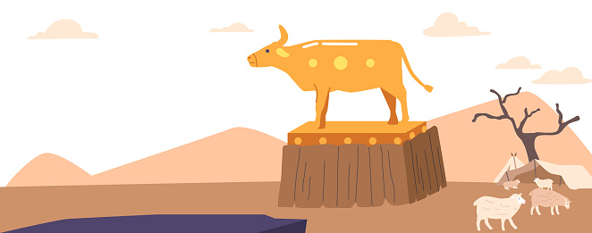 Large Golden Taurus Standing on Pedestal in Desert. Ancient Jews Statue of Domestic Animal for Worship. Famous Biblical Narrative about Sin of Creating Idol. Cartoon Vector Illustration