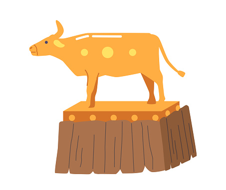 Golden Taurus Standing on Wooden Pedestal. Idol Created by Ancient Jews in Desert for Worship. Betrayal by God Chosen People Isolated on White Background. Cartoon Vector Illustration
