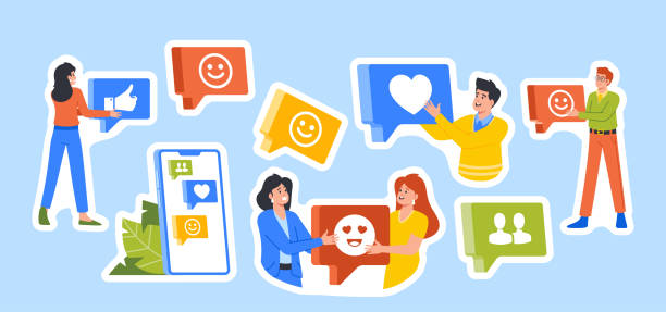 ilustrações de stock, clip art, desenhos animados e ícones de set of stickers people share messages on social networks. information in online media. vector illustration, patches - facebook social gathering log on communication