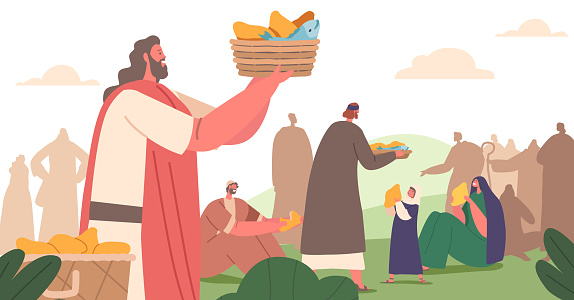 Jesus and Followers Characters Distribute Bread and Fish to People. Biblical Narrative about Feeding Hungry Crowd with Small Amount of Food. God Performed Miracle. Cartoon People Vector Illustration