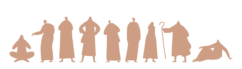 Jesus Christ Apostles Silhouettes Characters Set. Early Christianity Follower Group. Son of God Believers Listening to Lecture. Biblical Story Personages Collection. Cartoon People Vector Illustration