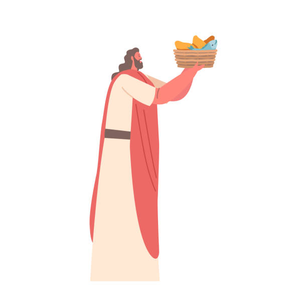 Bearded Apostle Holds Basket with Fish and Bread. Man Feeding Hungry Crowd. Cartoon People Vector Illustration Bearded Apostle Character Holds Basket with Fish and Bread. Man Feeding Hungry Crowd. Story of Miracle Performed by Son of God Isolated on White Background. Cartoon People Vector Illustration christian fish clip art stock illustrations