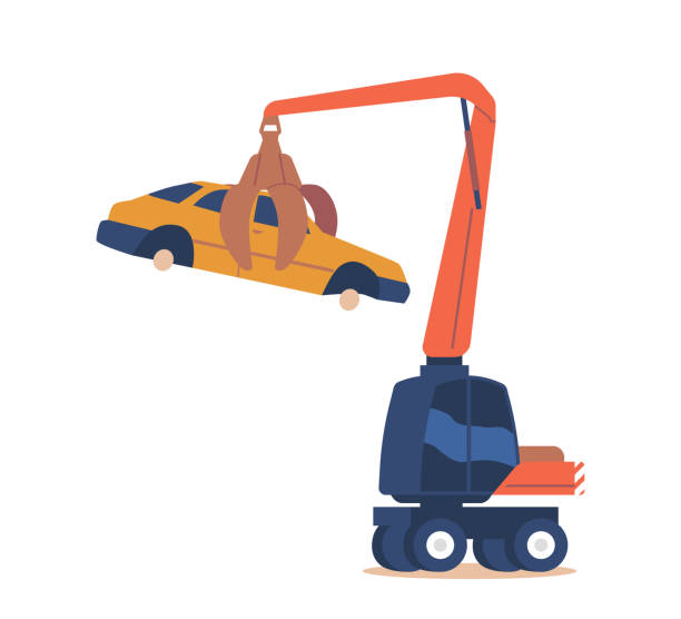 Crane Manipulator Machine Lifting and Moving Car without Wheels. Disposal of Used Auto Icon. Cartoon Vector Illustration Crane Manipulator Machine Lifting and Moving Car without Wheels. Transport Equipment for Moving Scrap Metal. Disposal of Crashed Auto Isolated Icon on White Background. Cartoon Vector Illustration scrap heap stock illustrations