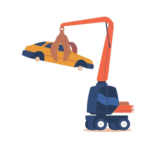 Vector illustration of Crane Manipulator Machine Lifting and Moving Car without Wheels. Disposal of Used Auto Icon. Cartoon Vector Illustration