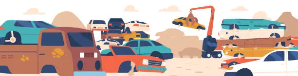 Vector illustration of Crashed Cars Dump. Crane Manipulator Replacing Old Car. Used Vehicles Stand in Rows and Piled Up. Vector Illustration