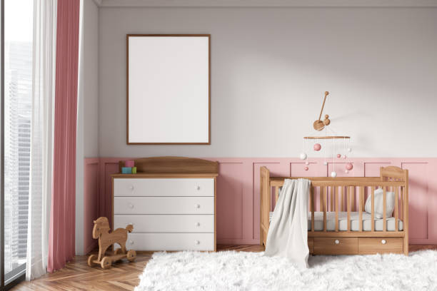 istock Front view on bright baby room with empty white poster 1463454867