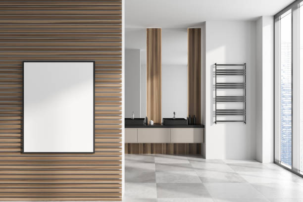 istock Stylish bathroom interior with double sink and mirror, window. Mock up frame 1463455040