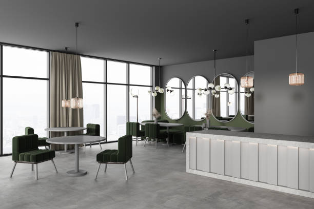 Corner view on dark cafe interior with panoramic windows Corner view on dark cafe interior with panoramic windows with Paris city skyscrapers view, tables with armchairs, concrete floor, mirrors. Concept of spacious restaurant in megapolis. 3d rendering restaurant mirror stock pictures, royalty-free photos & images