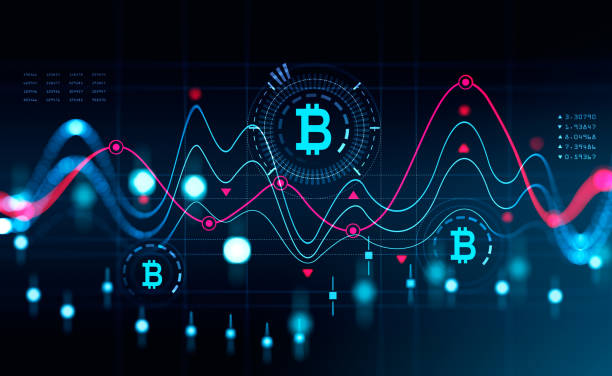 Cryptocurrency market, financial data and candlesticks, internet banking Cryptocurrency hologram with data and graphs, bitcoin icon. Candlesticks and numbers with rising and falling dynamics. Concept of internet banking. 3D rendering cryptocurrency stock pictures, royalty-free photos & images