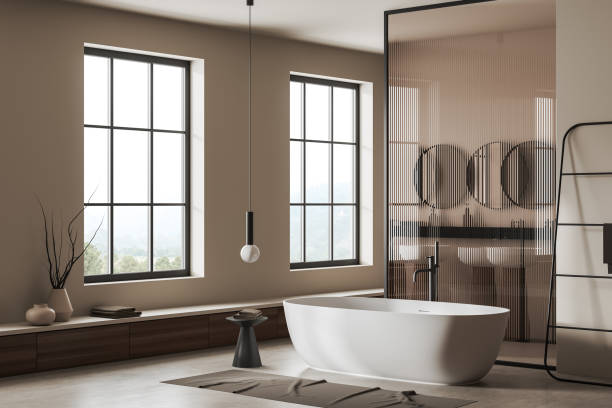 istock Light bathroom interior with tub and glass partition, panoramic window 1463456535
