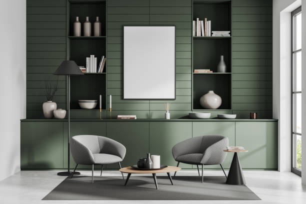 istock Front view on bright living room interior with empty poster 1463456780