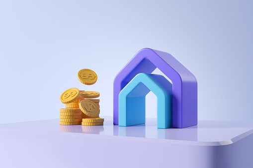 Colorful abstract house sign on podium with stack of dollar coins, blue background. Concept of mortgage and sale. 3D rendering