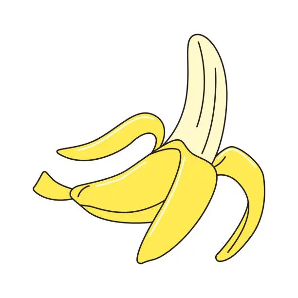 Vector illustration of Banana retro 90s style. Colorful vector sticker isolated on white.