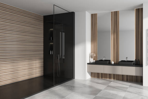 istock Stylish light bathroom interior with douche and washbasins, accessories 1463457697