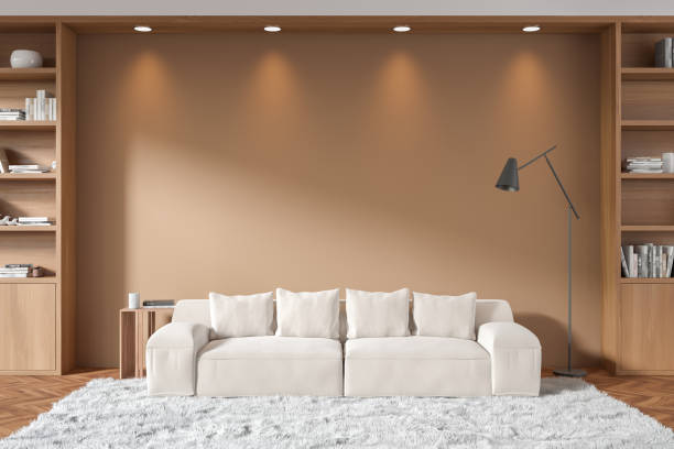 istock Stylish living room interior with couch and shelf. Mockup wall 1463457781