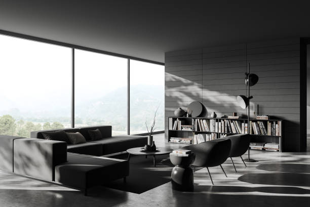 istock Corner view on dark living room interior with armchair, sofa 1463457857