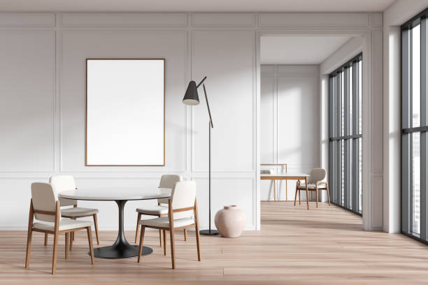 istock Stylish living room interior with table and panoramic window. Mockup frame 1463458383
