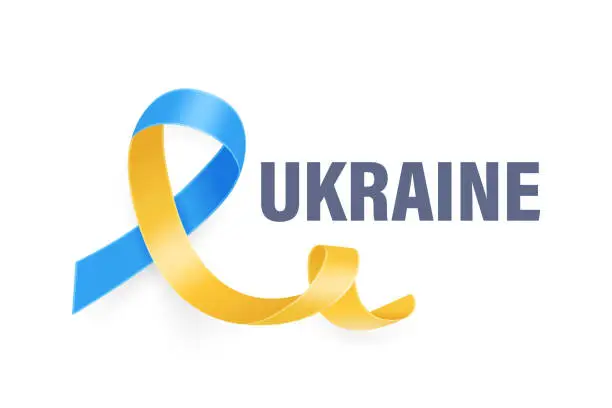 Vector illustration of Ukraine Symbol. Anti War Symbol of Peace - Blue and Yellow Silk Ribbon on White Background. Ukranian Flag Colors. Struggle, Protest, Support Ukraine Concept. Vector Illustration