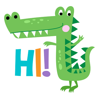 Hello, Hi - Cute Crocodile print design, funny hand drawn doodle, cartoon alligator. Good for Poster or t-shirt textile graphic design. Vector hand drawn illustration.