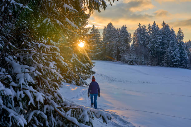 istock woman winter hiking in deep snow during sunset 1463462981