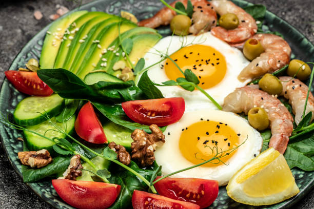 istock Ketogenic diet breakfast shrimps, prawns, soft fried egg, fresh salad, tomatoes, cucumbers and avocado on a dark background. Keto, paleo lunch. Top view 1463463238