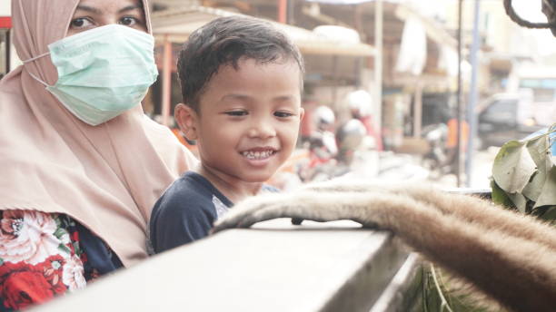 a child holding a lar gibbon sitting in a cage - enfeksiyon hastalıkları lar stok fotoğraflar ve resimler