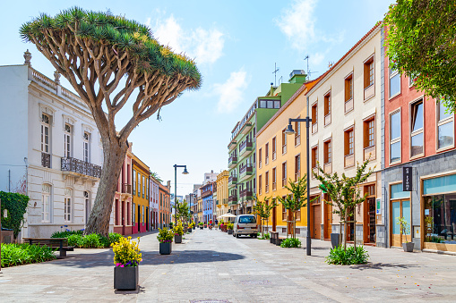 San Cristobal de La Laguna, Tenerife, Spain - August 4, 2011:  Scenic view of San Agustin street in La Laguna. Cityscape