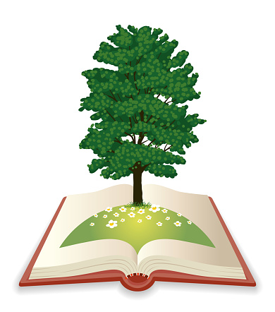 Vector Illustration of a Beautiful Open Book with Grass Field and Tree Inside Book