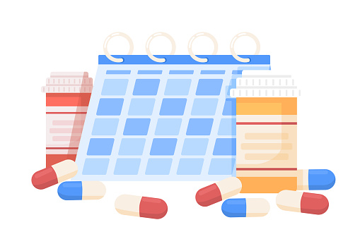 Taking medications regularly semi flat color vector objects. Editable items. Full size element on white. Pharmacy treatment simple cartoon style illustration for web graphic design and animation
