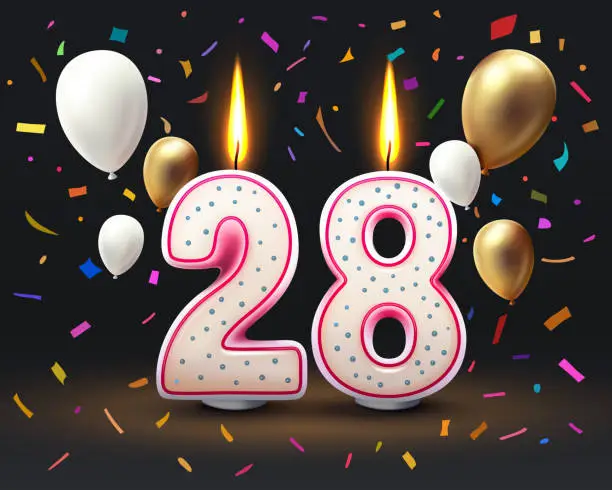 Vector illustration of Happy Birthday years. 28 anniversary of the birthday, Candle in the form of numbers. Vector