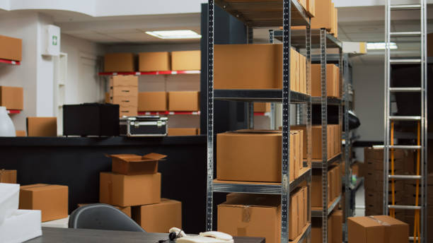 istock Empty storehouse with office desk and goods 1463474197