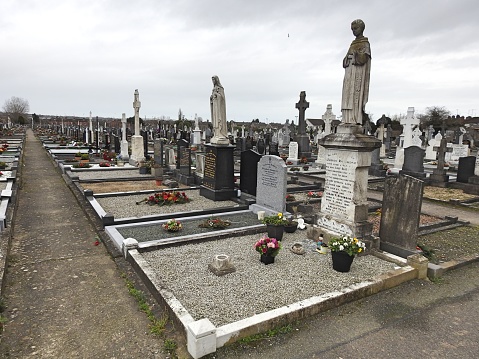 2nd February 2023, Drogheda, County Louth, Ireland. Headstones and monuments in St. Peter's Cemetery,  in Moneymore, Drogheda, Co. Louth. Graveyard is situated across the road from Drogheda hospital.