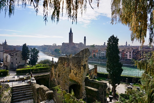 Top view of the city of Verona. Panoramic view of the city of Verona. View of the roofs of the city of Verona on a sunny day. Verona from a height on a sunny day.