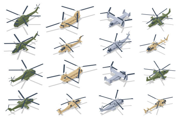 Isometric set of Military Aviation Air Force. Transport, attack helicopters. Military airplane at flying. Military air transport. Isometric set of Military Aviation Air Force. Transport, attack helicopters. Military airplane at flying. Military air transport militant groups stock illustrations