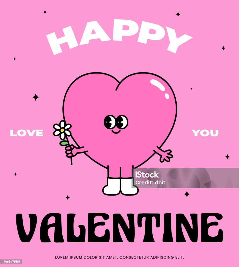 Happy Valentines Day Typography Poster Hippie 60s 70s Retro Style Y2k  Aesthetic Heart Character Banner Background And Lettering Quote Groovy  Template Greeting Card Trendy Vector Illustration Stock Illustration -  Download Image Now -