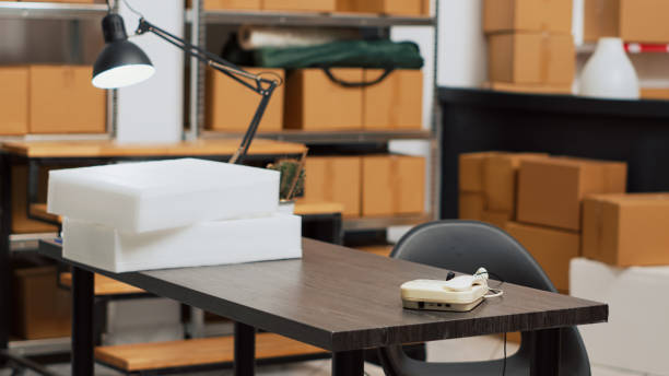 istock Storage room with office and stock packages to work 1463476344