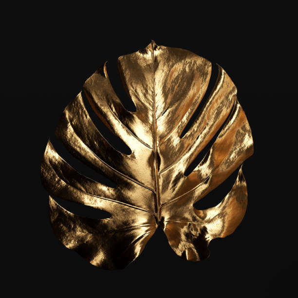 istock Gold tropical palm leaves Monstera on black, 3d rendering 1463477049