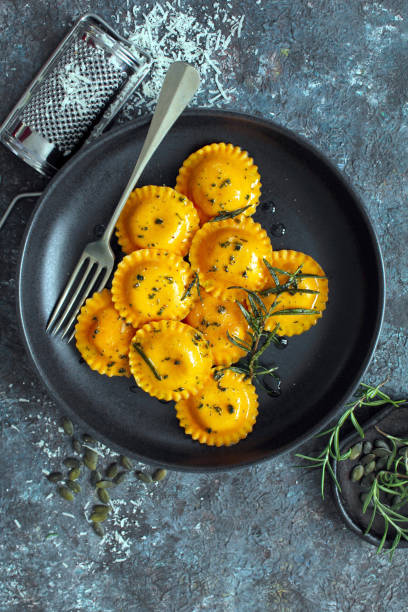 Pumpkin ravioli on plate. stock photo