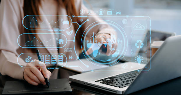 istock Business working with reduce CO2 concept with icons, global warming such as reforest green factory recycle and zero carbon dioxide emission concept. with VR icon 1463479371