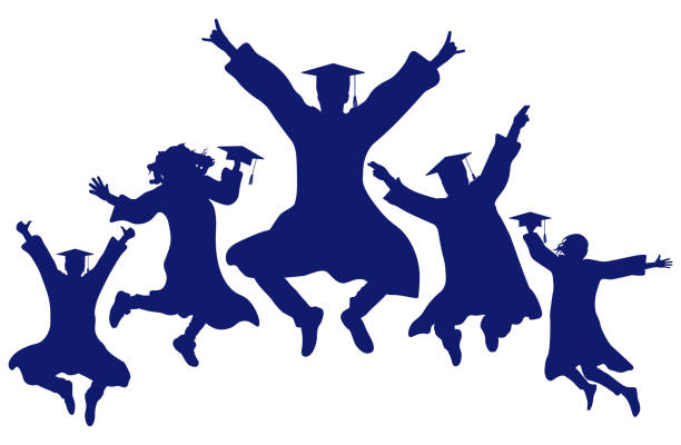 glücklich springende doktoranden, silhouetten. vektorillustration - silhouette student teenager university stock-grafiken, -clipart, -cartoons und -symbole