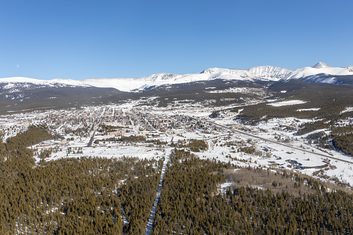 Aerial view of Leadville, Colorado on a sunny Winter afternoon.