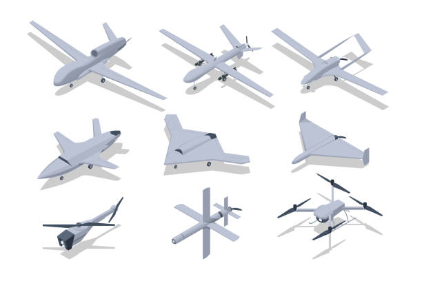 Isometric loitering munition. Kamikaze Drones Attack. Unmanned military technology. Military Drone isolated on white background Isometric loitering munition. Kamikaze Drones Attack. Unmanned military technology. Military Drone isolated on white background. unmanned aerial vehicle stock illustrations
