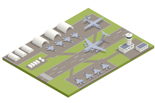 Isometric military fighter jet aircrafts, large military transport aircraft, parked. Military air force base army facilities with hangars.
